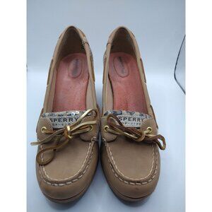 Sperry Womens Angelfish10M Tan & Sequined Leather Wedge Boat Shoes